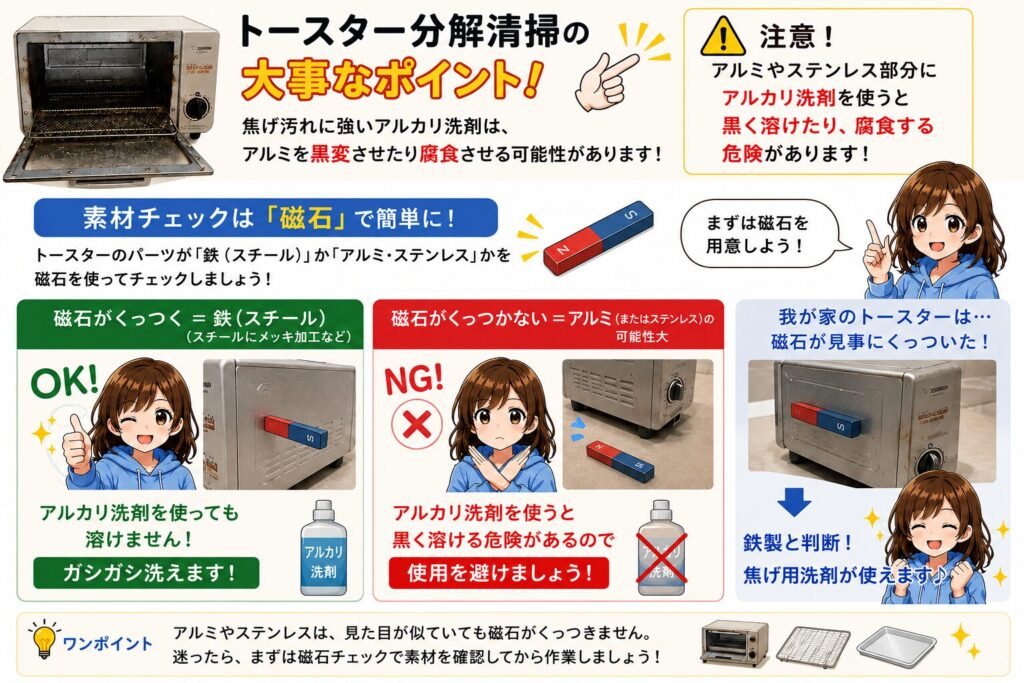 鉄製かアルミ製かを磁石を使って判別するやり方の図解